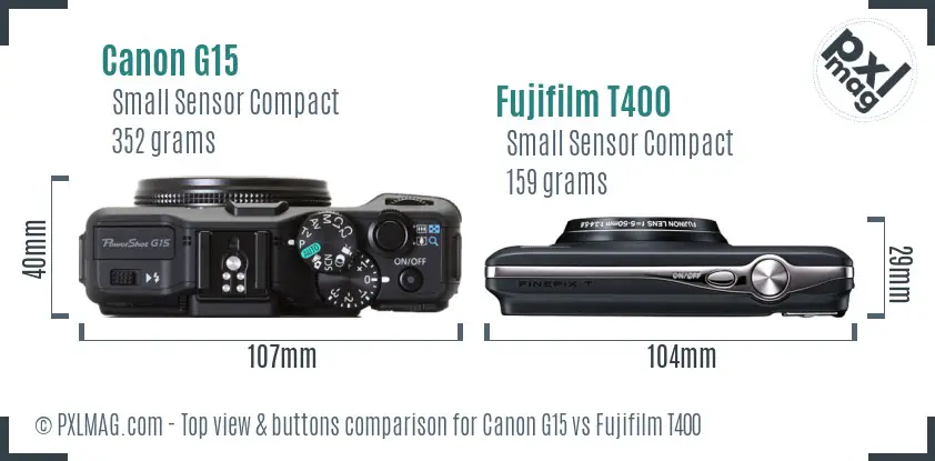 Canon G15 vs Fujifilm T400 top view buttons comparison