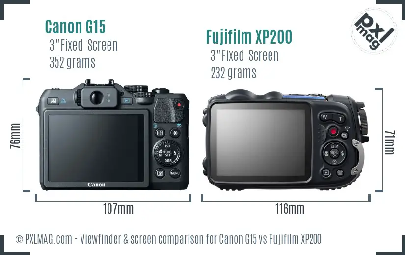 Canon G15 vs Fujifilm XP200 Screen and Viewfinder comparison