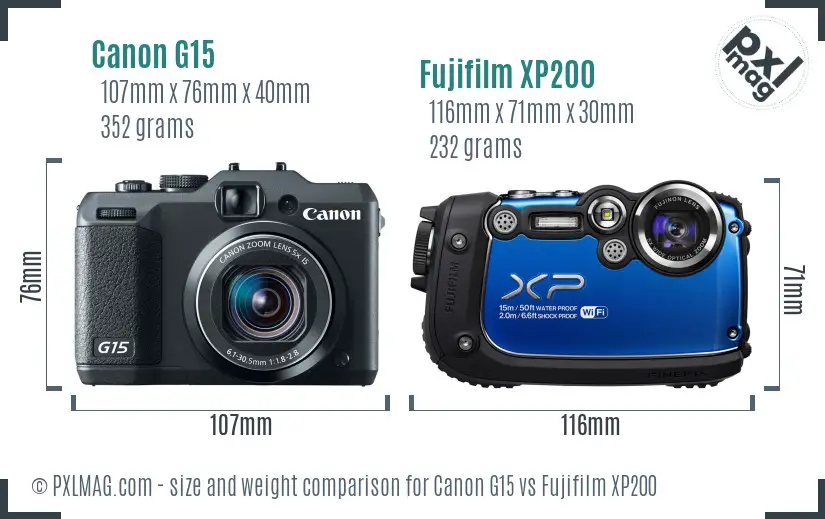 Canon G15 vs Fujifilm XP200 size comparison