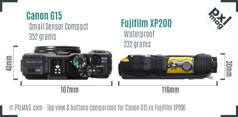 Canon G15 vs Fujifilm XP200 top view buttons comparison