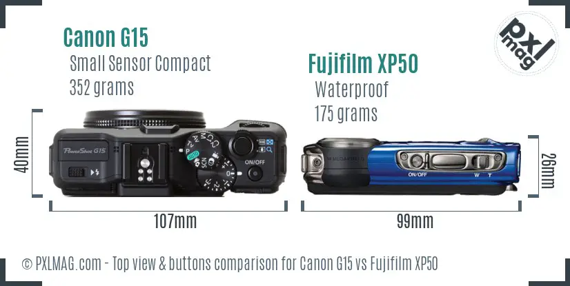 Canon G15 vs Fujifilm XP50 top view buttons comparison