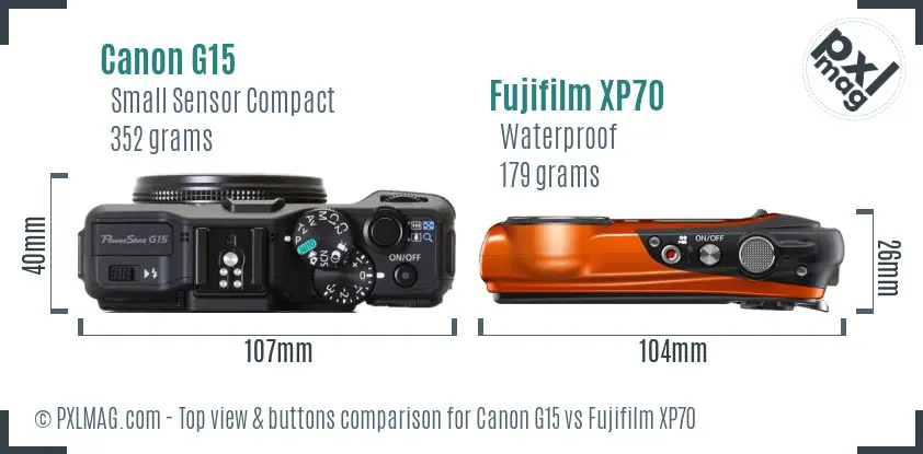 Canon G15 vs Fujifilm XP70 top view buttons comparison