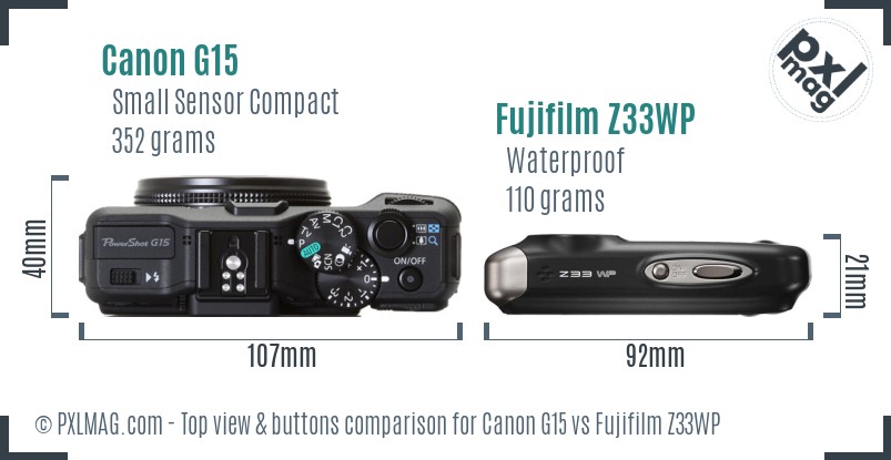 Canon G15 vs Fujifilm Z33WP top view buttons comparison