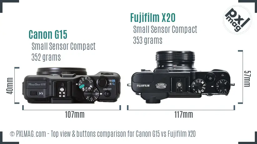 Canon G15 vs Fujifilm X20 top view buttons comparison