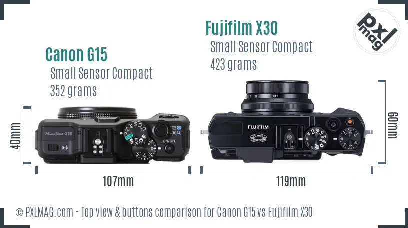 Canon G15 vs Fujifilm X30 top view buttons comparison