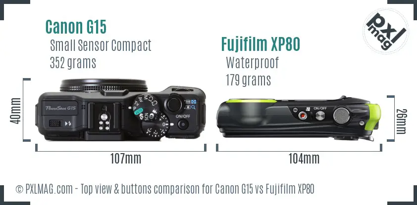 Canon G15 vs Fujifilm XP80 top view buttons comparison Canon G15 vs Fujifilm XP80 top view buttons comparison