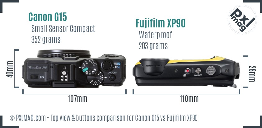 Canon G15 vs Fujifilm XP90 top view buttons comparison