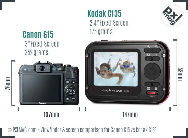 Canon G15 vs Kodak C135 Screen and Viewfinder comparison