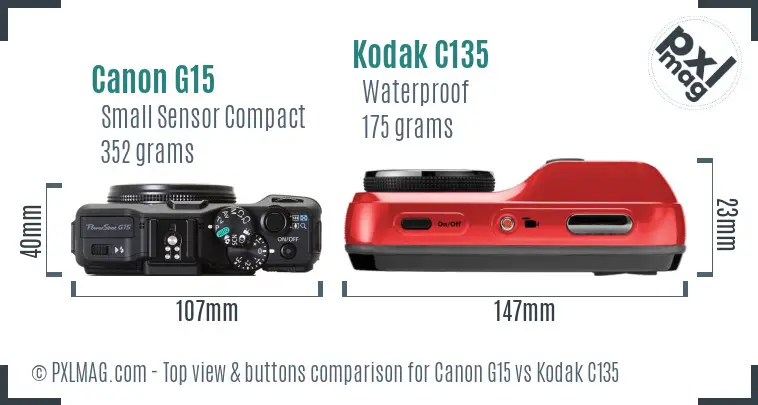 Canon G15 vs Kodak C135 top view buttons comparison