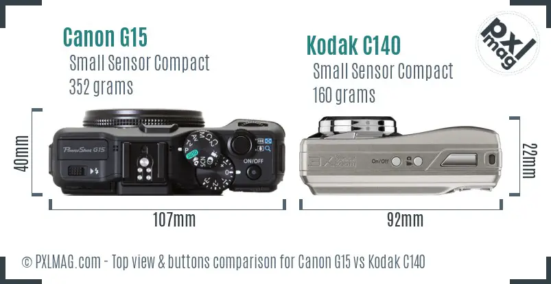 Canon G15 vs Kodak C140 top view buttons comparison