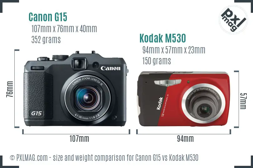 Canon G15 vs Kodak M530 size comparison