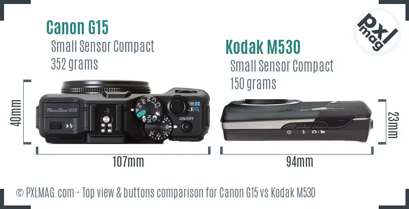 Canon G15 vs Kodak M530 top view buttons comparison