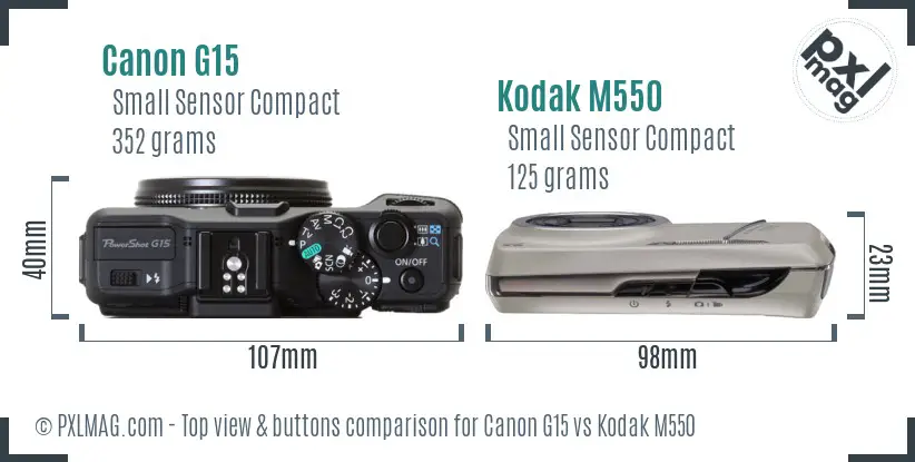 Canon G15 vs Kodak M550 top view buttons comparison