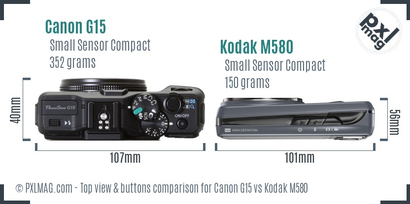 Canon G15 vs Kodak M580 top view buttons comparison