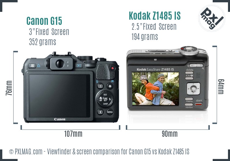 Canon G15 vs Kodak Z1485 IS Screen and Viewfinder comparison