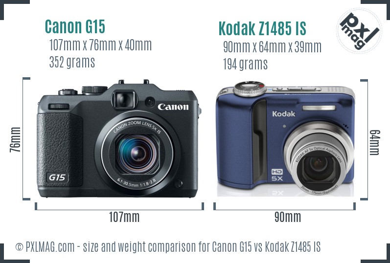 Canon G15 vs Kodak Z1485 IS size comparison Canon G15 vs Kodak Z1485 IS size comparison