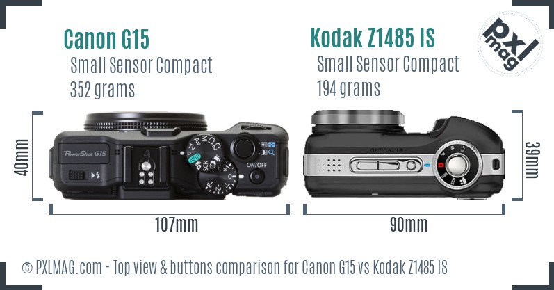 Canon G15 vs Kodak Z1485 IS top view buttons comparison