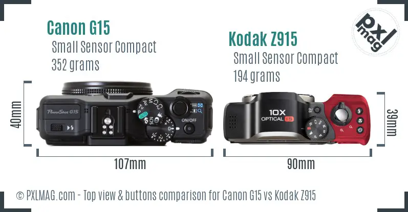 Canon G15 vs Kodak Z915 top view buttons comparison