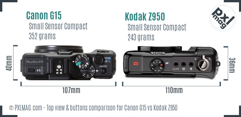 Canon G15 vs Kodak Z950 top view buttons comparison