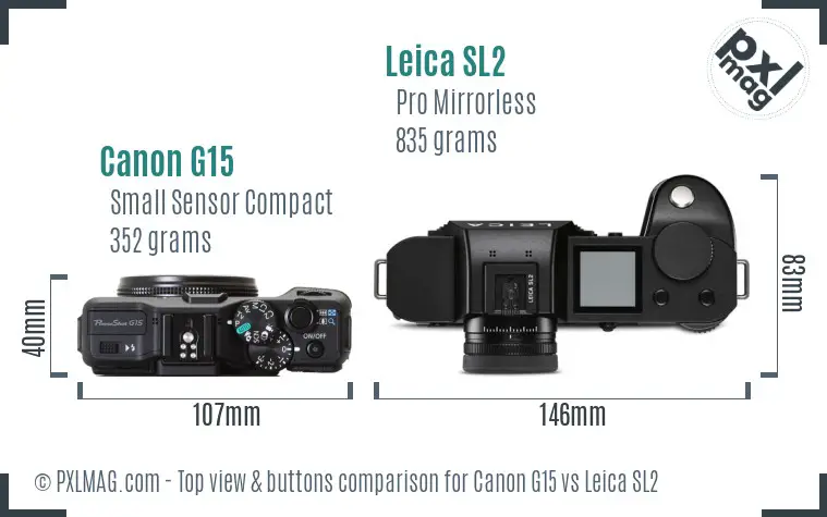 Canon G15 vs Leica SL2 top view buttons comparison