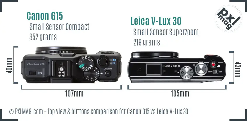 Canon G15 vs Leica V-Lux 30 top view buttons comparison Canon G15 vs Leica V-Lux 30 top view buttons comparison