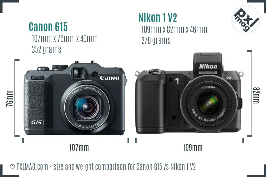 Canon G15 vs Nikon 1 V2 size comparison