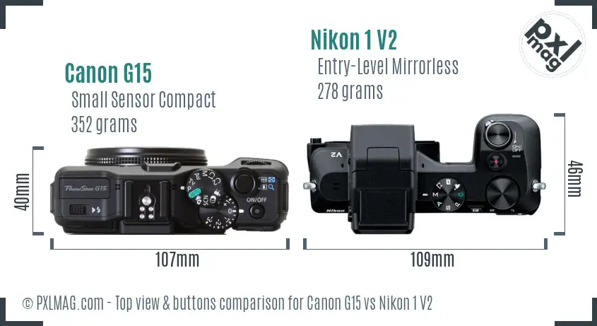 Canon G15 vs Nikon 1 V2 top view buttons comparison