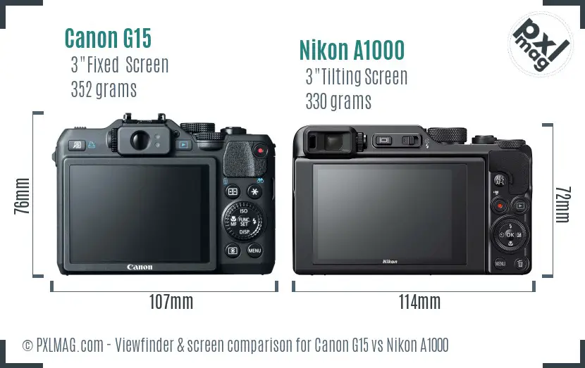 Canon G15 vs Nikon A1000 Screen and Viewfinder comparison