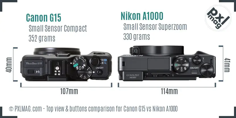 Canon G15 vs Nikon A1000 top view buttons comparison