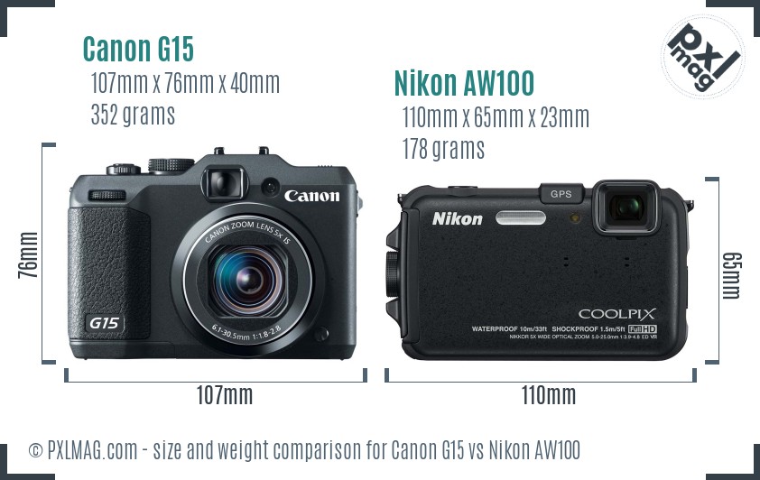 Canon G15 vs Nikon AW100 size comparison Canon G15 vs Nikon AW100 size comparison