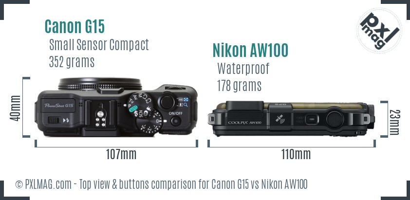 Canon G15 vs Nikon AW100 top view buttons comparison
