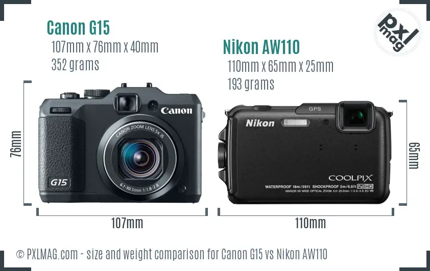Canon G15 vs Nikon AW110 size comparison