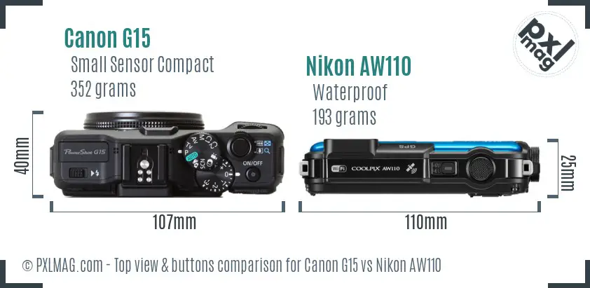 Canon G15 vs Nikon AW110 top view buttons comparison