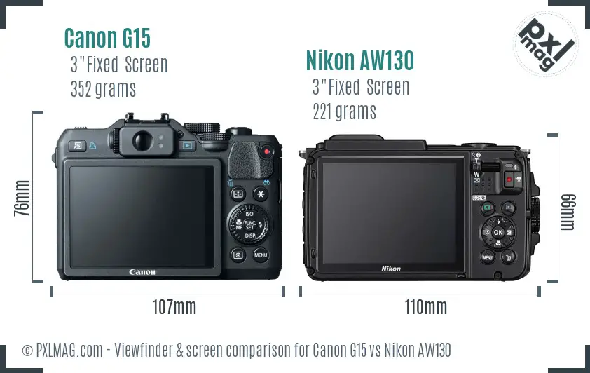 Canon G15 vs Nikon AW130 Screen and Viewfinder comparison