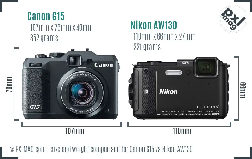 Canon G15 vs Nikon AW130 size comparison