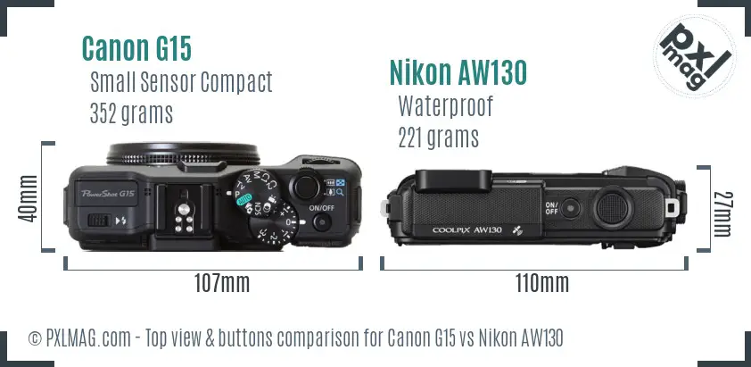 Canon G15 vs Nikon AW130 top view buttons comparison