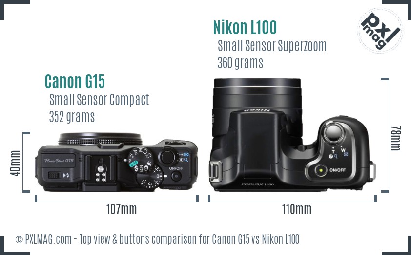Canon G15 vs Nikon L100 top view buttons comparison