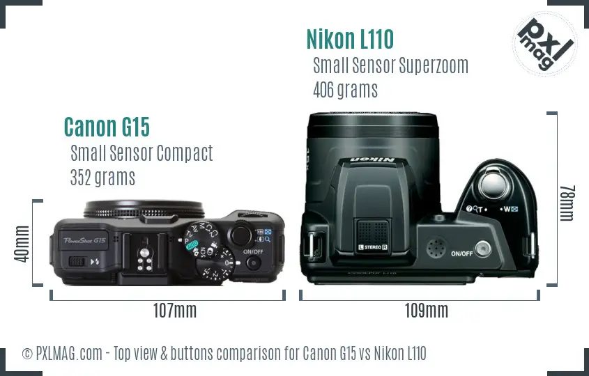 Canon G15 vs Nikon L110 top view buttons comparison