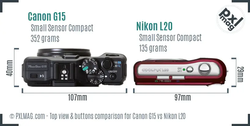 Canon G15 vs Nikon L20 top view buttons comparison