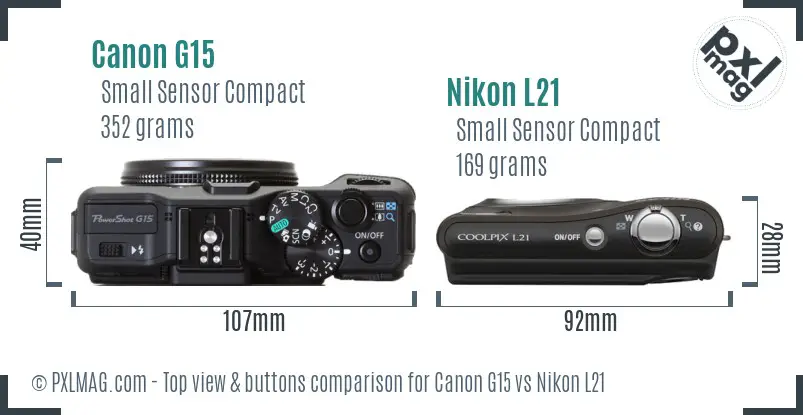 Canon G15 vs Nikon L21 top view buttons comparison