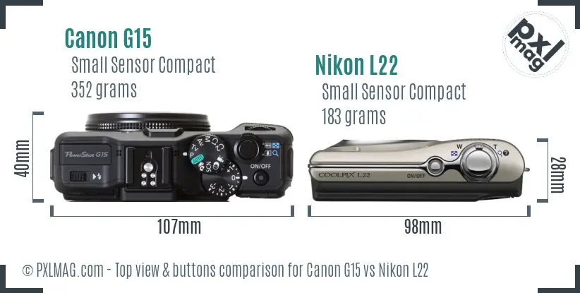 Canon G15 vs Nikon L22 top view buttons comparison