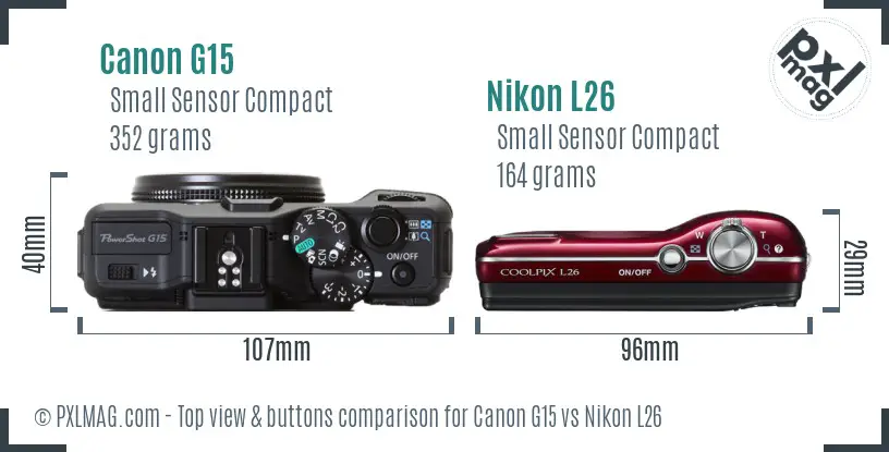 Canon G15 vs Nikon L26 top view buttons comparison