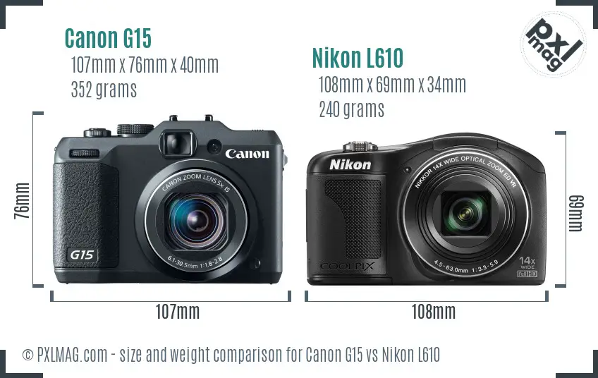 Canon G15 vs Nikon L610 size comparison