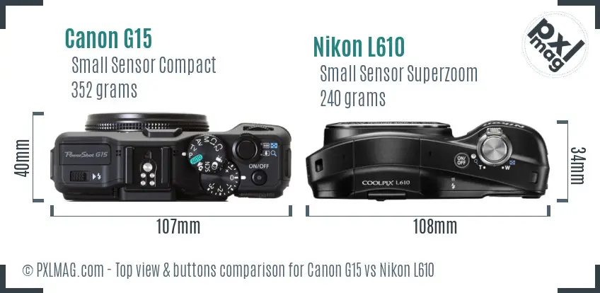 Canon G15 vs Nikon L610 top view buttons comparison