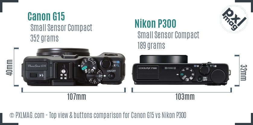 Canon G15 vs Nikon P300 top view buttons comparison