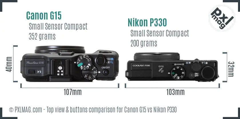 Canon G15 vs Nikon P330 top view buttons comparison