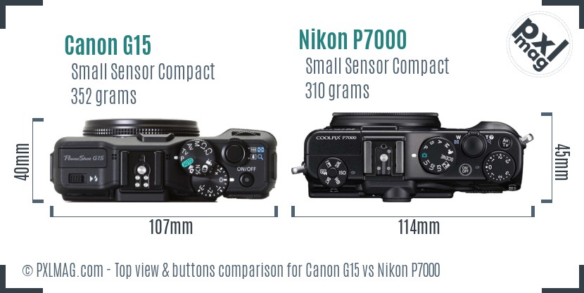 Canon G15 vs Nikon P7000 top view buttons comparison