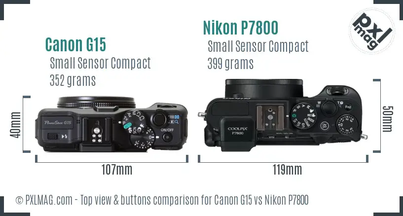 Canon G15 vs Nikon P7800 top view buttons comparison