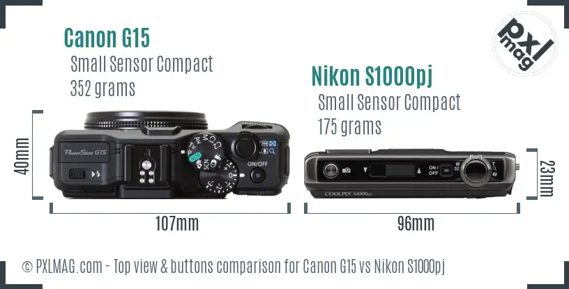 Canon G15 vs Nikon S1000pj top view buttons comparison