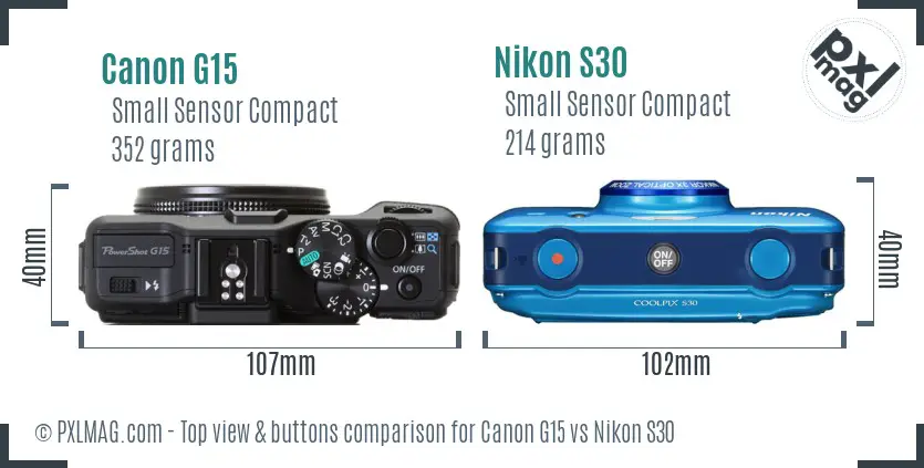 Canon G15 vs Nikon S30 top view buttons comparison